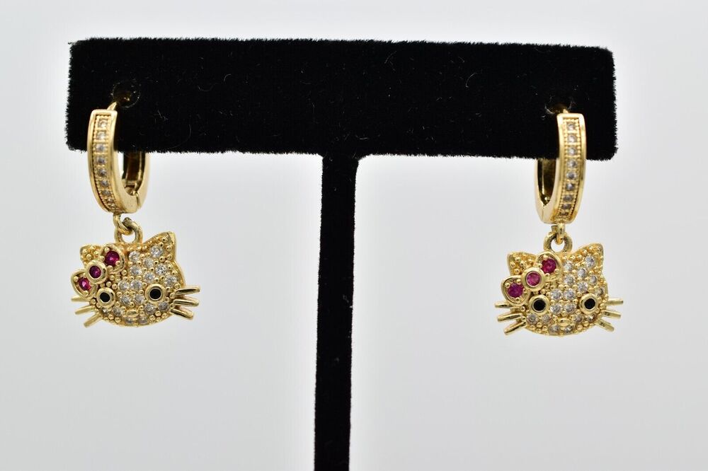Hello Kitty Dangle Earrings Hoops Charm Rhinestone Crystal Gold Tone BinAG